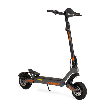 The product shown in the picture is an Electric Scooter KuKirin G2. The image displays the scooter's design, which includes a wide deck/footboard, robust tires, and handlebars. The black and orange color combination gives it a dynamic look, while a display screen is also visible on the handlebars.