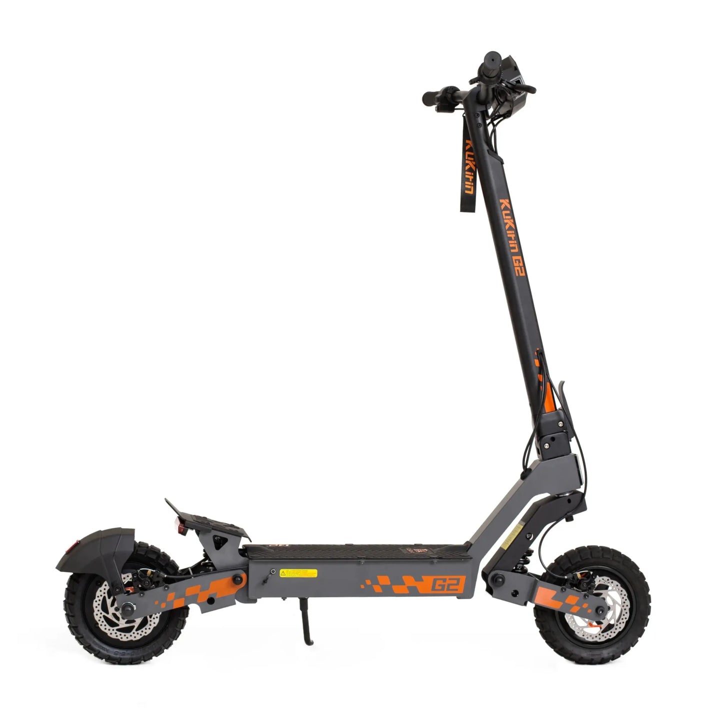 The product shown in the picture is an Electric Scooter, KuKirin G2 model. The image shows the scooter from a side view, featuring wide, robust wheels, suggesting its suitability for various terrains. The scooter has a black and orange color combination and a wide deck for comfortable riding. The handlebars show grips and control devices for operation.