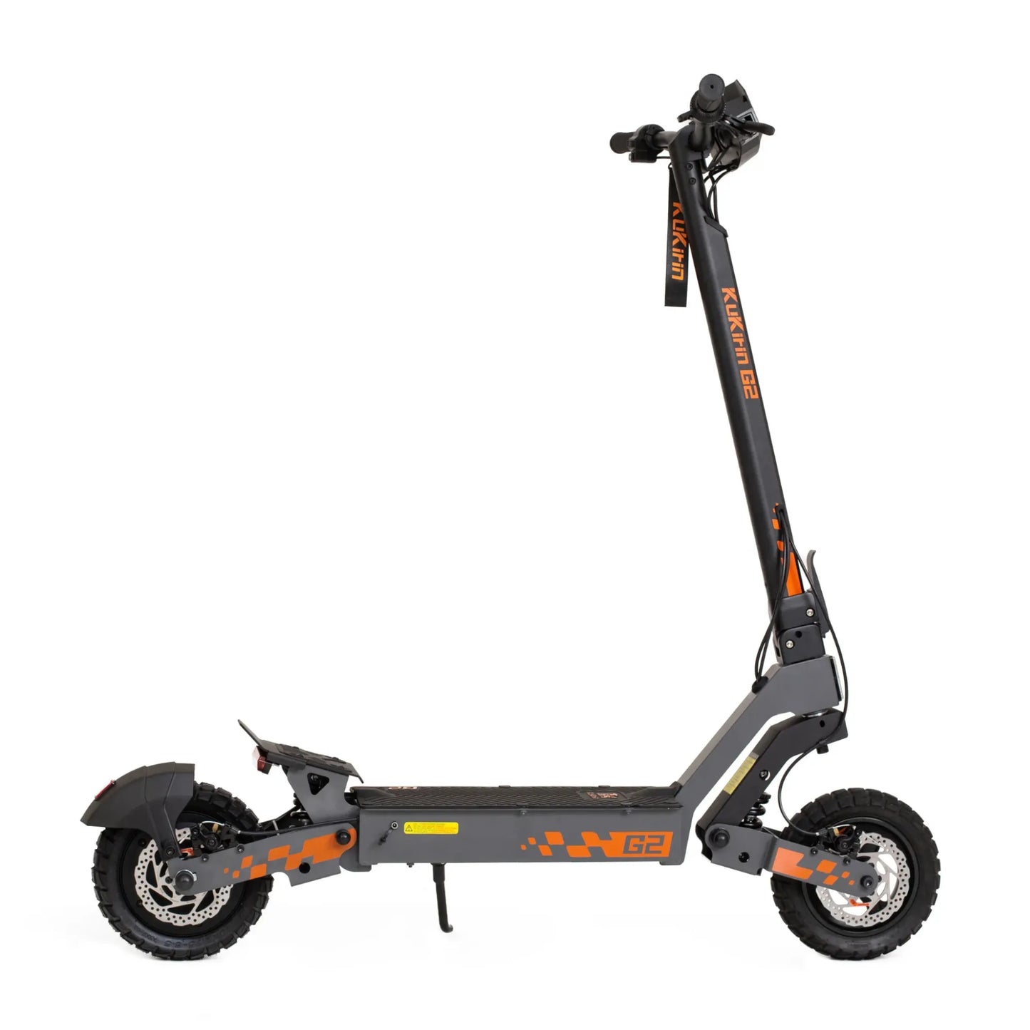 The product shown in the picture is an Electric Scooter, KuKirin G2 model. The image shows the scooter from a side view, featuring wide, robust wheels, suggesting its suitability for various terrains. The scooter has a black and orange color combination and a wide deck for comfortable riding. The handlebars show grips and control devices for operation.