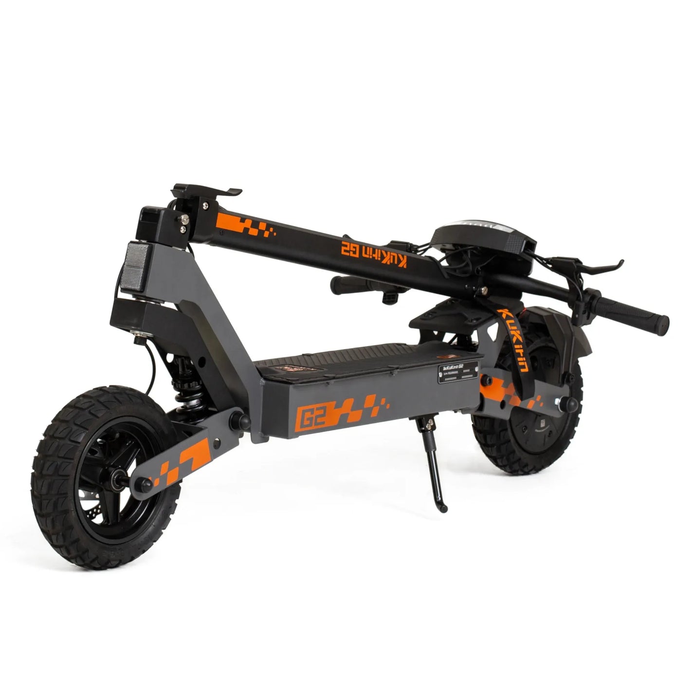 The product is an Electric Scooter KuKirin G2. The image shows the scooter in a folded state, which allows for easy portability. It features a robust construction, wide tires, and foldable handlebars, indicating practicality and comfort during use. The black and orange color combination adds a sporty look.