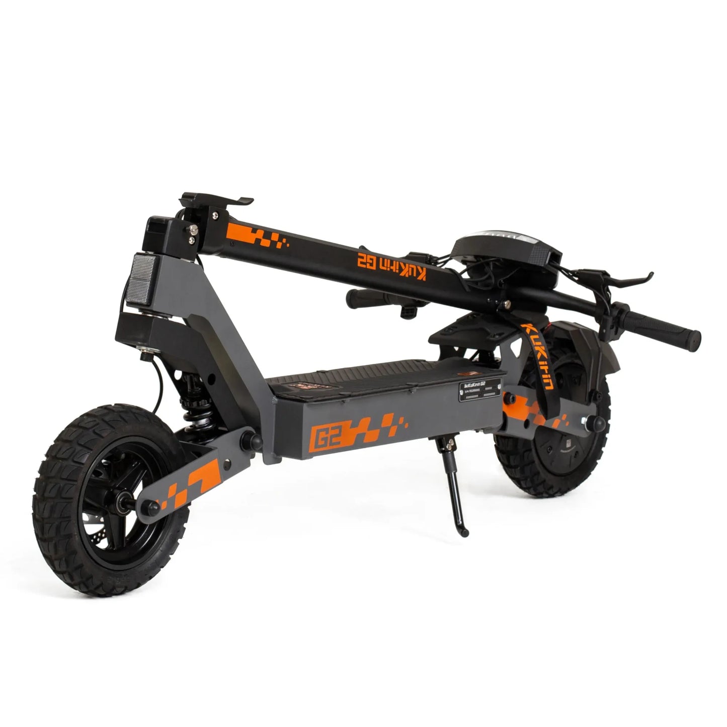 The product is an Electric Scooter KuKirin G2. The image shows the scooter in a folded state, which allows for easy portability. It features a robust construction, wide tires, and foldable handlebars, indicating practicality and comfort during use. The black and orange color combination adds a sporty look.