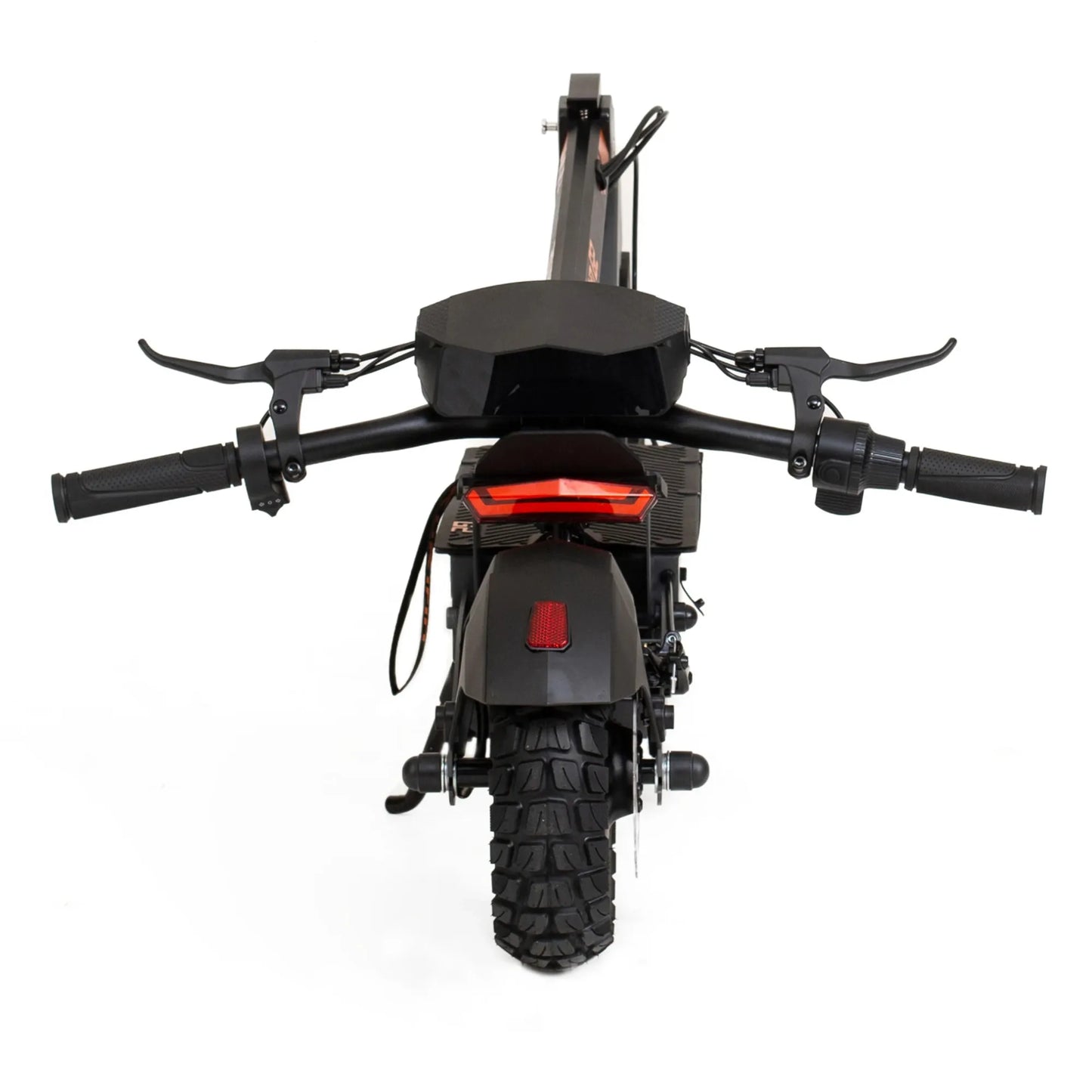 The product in the image is an Electric Scooter, model KuKirin G2. The rear of the scooter is visible, showing the handlebars, taillights, and a wide rear wheel with a coarse tread, suggesting its suitability for various terrains. The scooter's color is black, giving it a modern and sporty look.