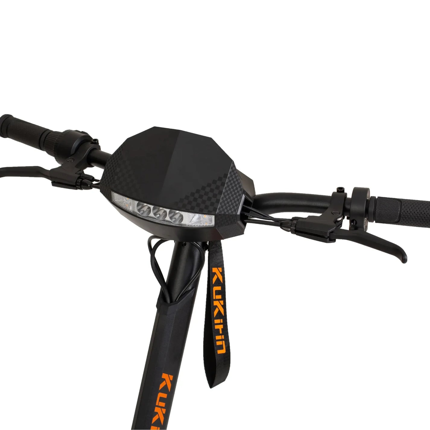 The image shows an Electric Scooter KuKirin G2. The scooter's handlebars with rubber grips and the control system on the handlebars, which includes lights and a brake, are visible. The design of the handlebars is modern and aerodynamic, contributing to the product's sporty look.