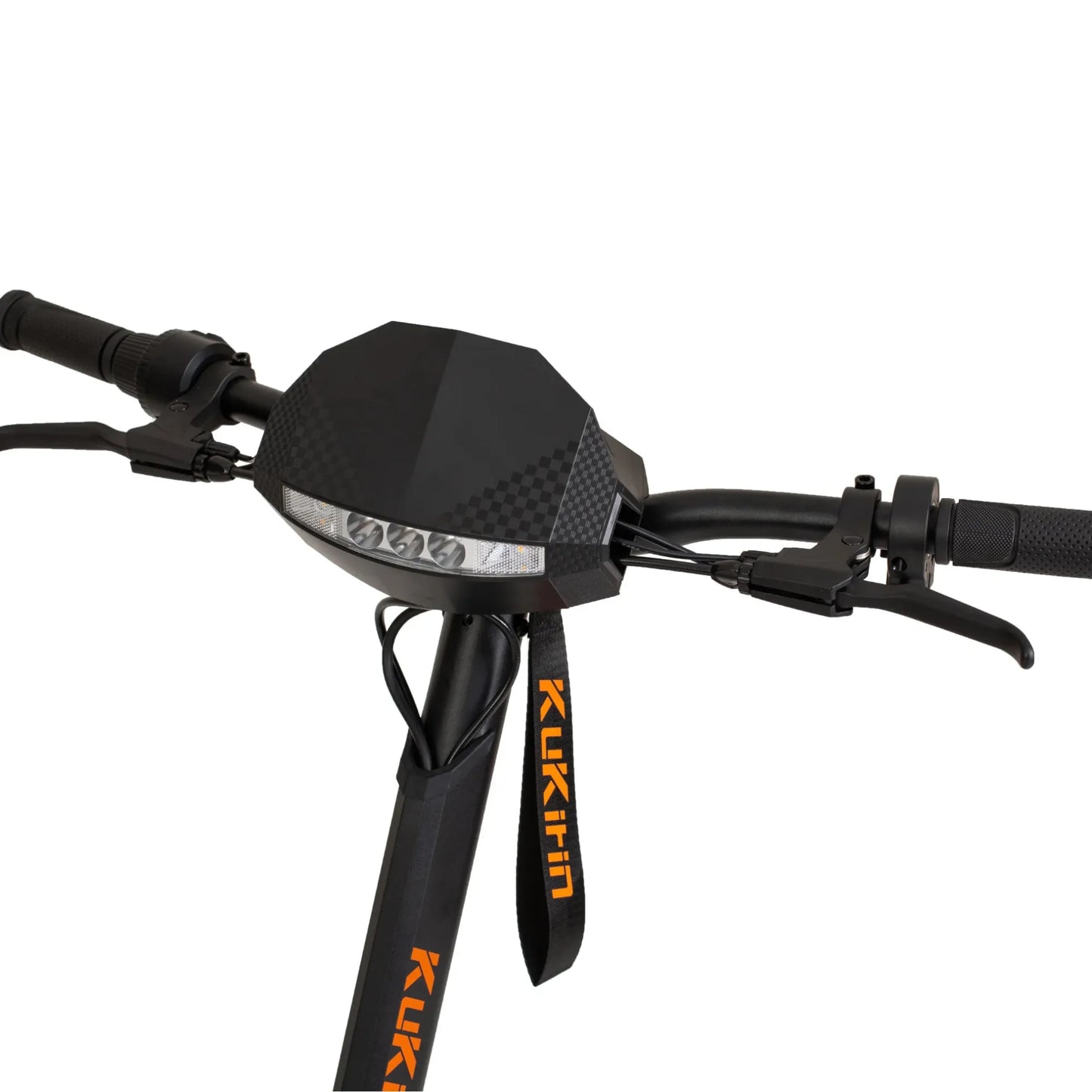 The image shows an Electric Scooter KuKirin G2. The scooter's handlebars with rubber grips and the control system on the handlebars, which includes lights and a brake, are visible. The design of the handlebars is modern and aerodynamic, contributing to the product's sporty look.