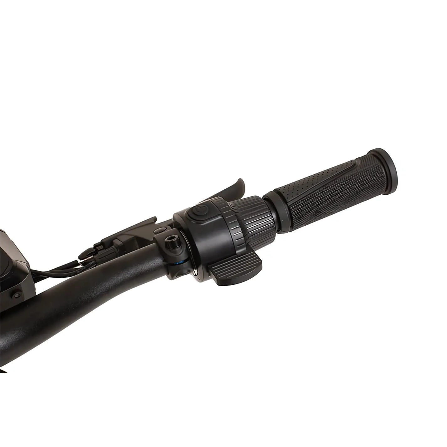 The product in the image is an Electric Scooter, model KuKirin G2. Visible are the throttle lever, which allows for easy speed control, and rubber grips for comfortable handling. Other components that are part of the scooter's control system are also located on the handlebars.