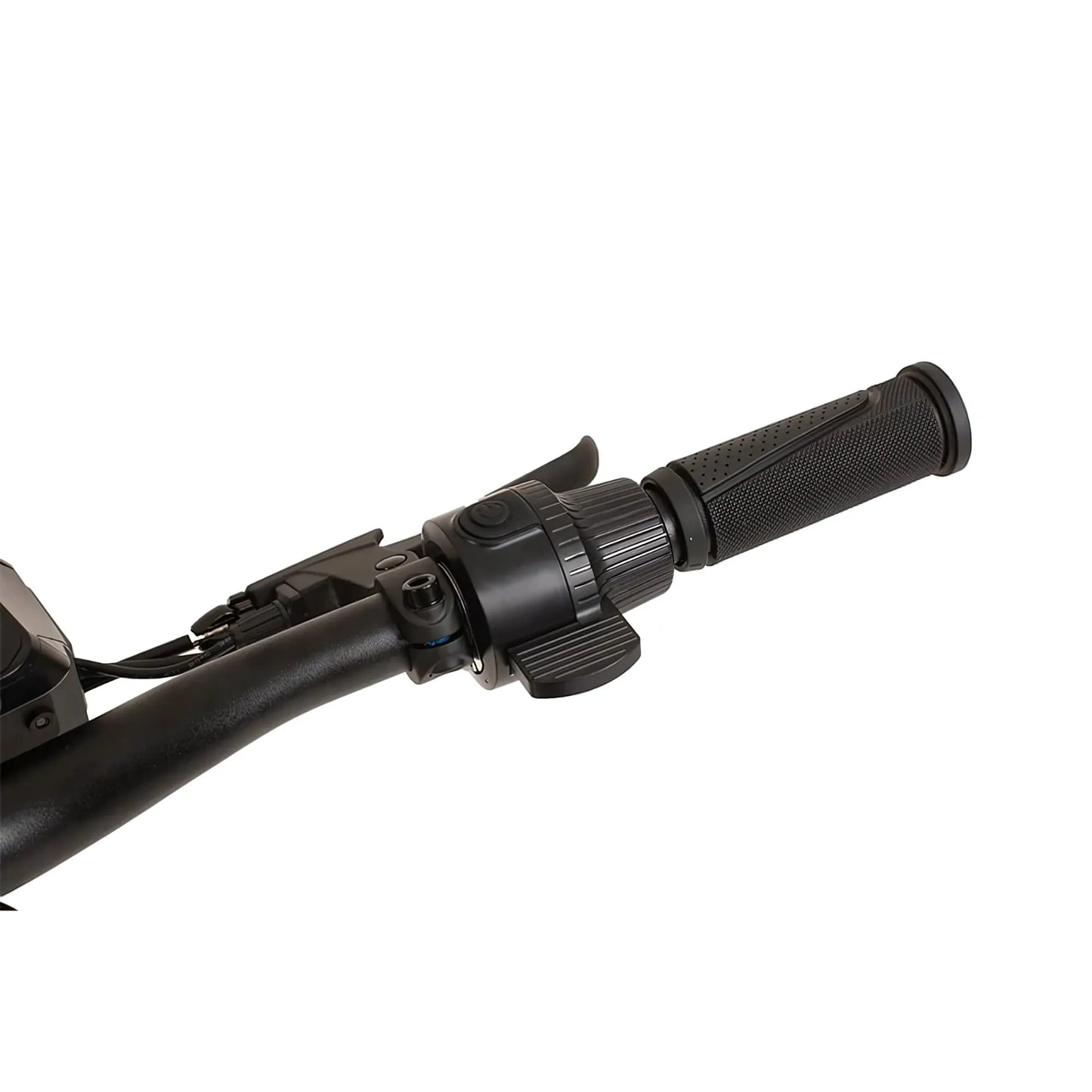 The product in the image is an Electric Scooter, model KuKirin G2. Visible are the throttle lever, which allows for easy speed control, and rubber grips for comfortable handling. Other components that are part of the scooter's control system are also located on the handlebars.