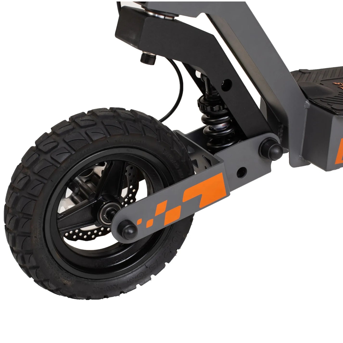 The product pictured is an Electric Scooter KuKirin G2. The image shows the robust rear wheel cover, suitable for various terrains, and the suspension, which provides a more comfortable ride. The color combination includes black and orange, giving the scooter a dynamic look.