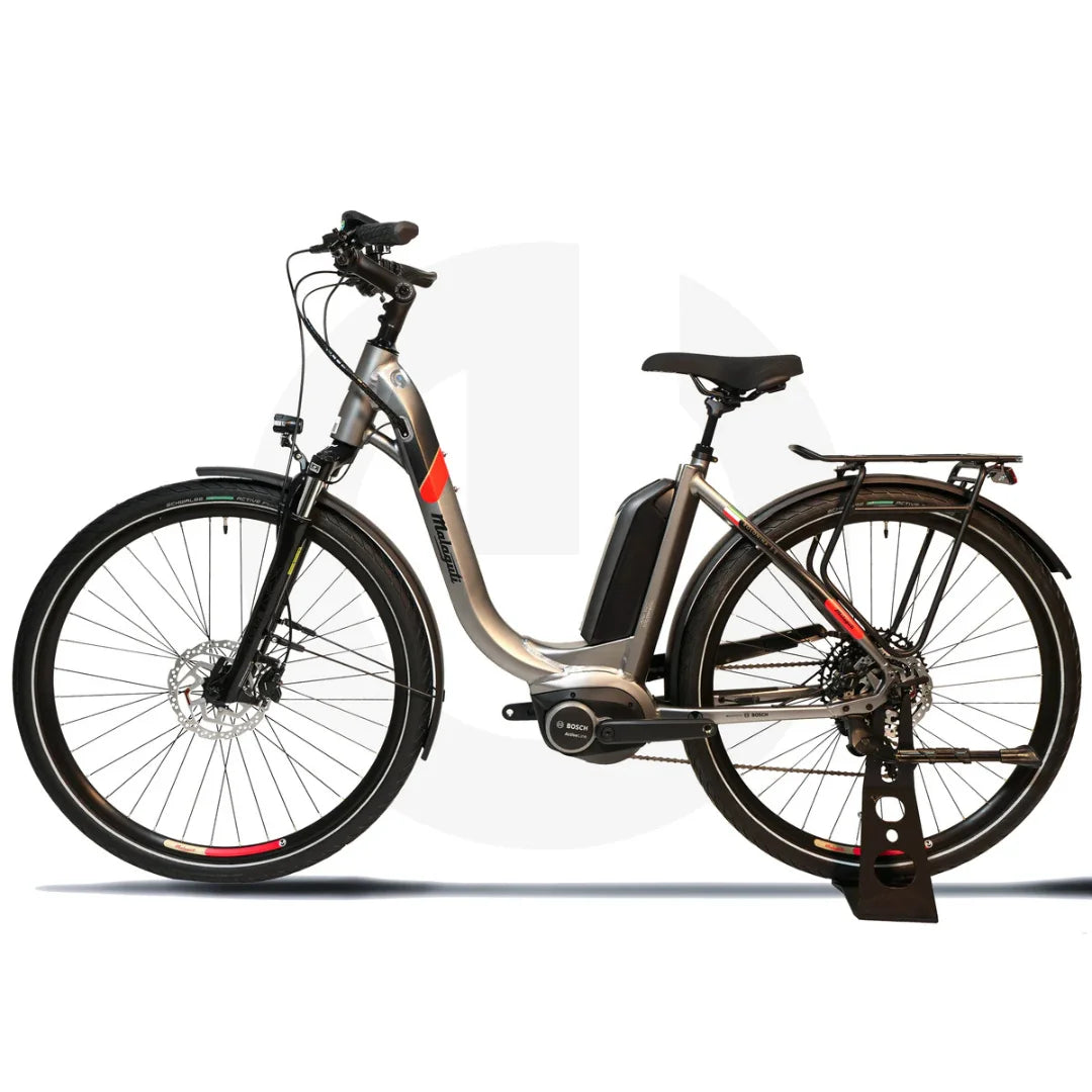 The product pictured is an electric bike from the brand Malaguti, model Bolonina. The bike features a sleek silver frame and is equipped with a Bosch electric motor and battery, ensuring easy riding. Also visible are wide tires, disc brakes, and a rear luggage rack.