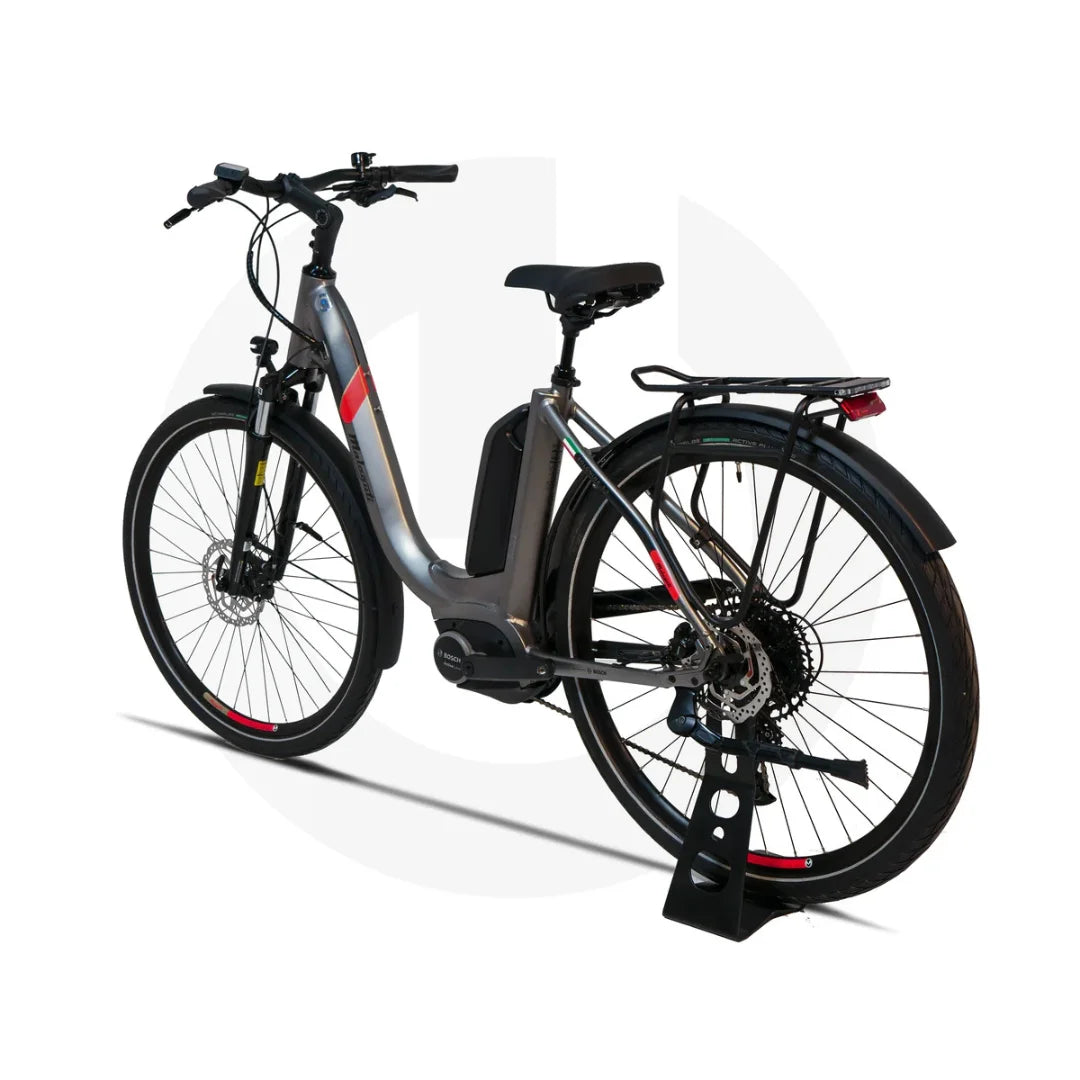 The image shows an electric bike from the brand Malaguti, model Bolonina. The bike features a modern design with a mid-drive motor and a frame-mounted battery. Wide wheels, disc brakes, and a rear luggage rack are also visible. The color scheme includes silver and black shades, giving the bike an elegant appearance.