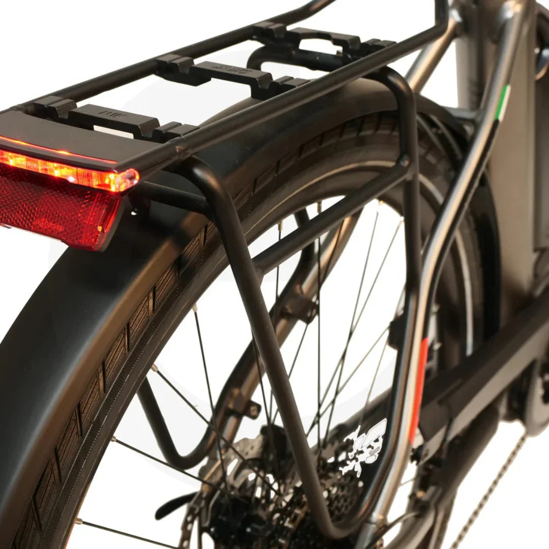 The product in the picture is an electric bike from the brand Malaguti, model Bolonina. The image shows the rear part of the bike, where the carrying equipment, including a luggage rack and a red light, is visible. The bike has wide tires and a modern design, suggesting a comfortable and practical ride.
