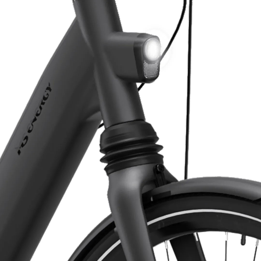 The product in the image is an electric bike, model MS Energy C300. The front fork of the bike is visible, with a built-in light for better visibility while riding. The bike features a sleek black color and modern design, making it appealing to users.