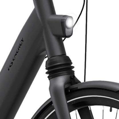 The product in the image is an electric bike, model MS Energy C300. The front fork of the bike is visible, with a built-in light for better visibility while riding. The bike features a sleek black color and modern design, making it appealing to users.