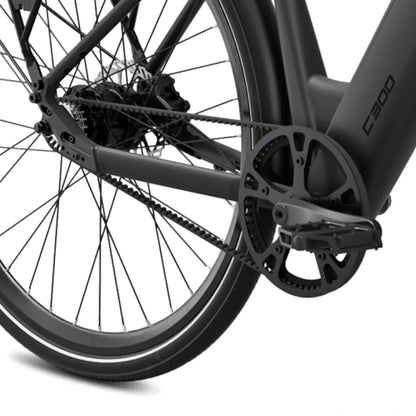 The image shows an electric bike from MS Energy, model C300. The rear view of the bike is displayed, showing part of the frame, the chain, and the pedal. The bike features a modern design with disc brakes and wide rims, indicating good performance and stability during rides.