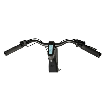 The product is an Electric bike, model MS Energy C300. The image shows the handlebars and a display that shows various riding information, such as speed and battery level. The handlebars have comfortable grips, allowing for easy handling.