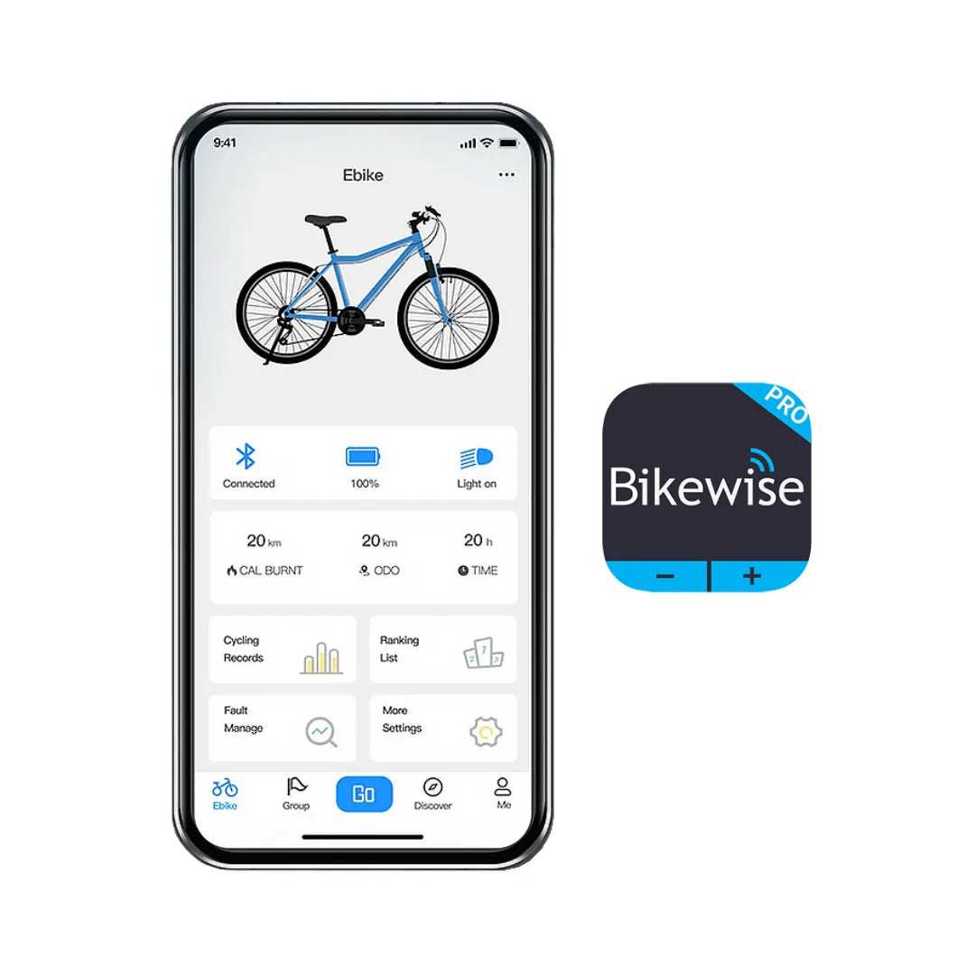 The product is an electric bike, model MS Energy C300. The image shows a smartphone screen displaying an app for managing the electric bike. Visible are an image of the bike, data on kilometers traveled, calories burned, and ride time, and the "Bikewise" app icon.