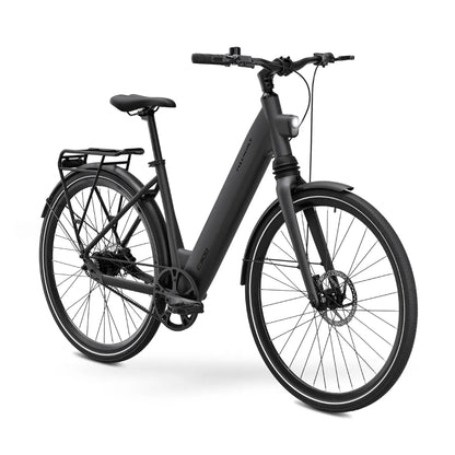 The product is an Electric Bike, brand MS Energy, model C300. The image shows a modern and elegantly designed black bike with a flat frame geometry, which makes getting on and off easier. It is equipped with thick tires and disc brakes, ensuring good stability and safety while riding. The bike also has a rear luggage rack.