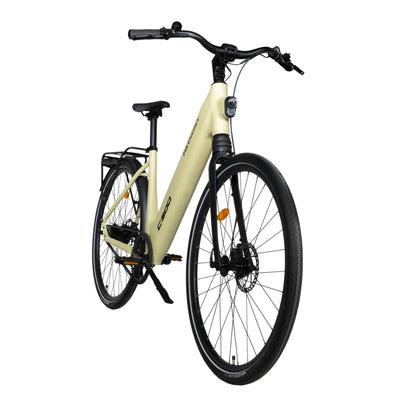 The product is an Electric bike, brand MS Energy, model C300. The image shows the bike in a light beige color, featuring a comfortable frame, wide tires, and disc brakes. The bike is equipped with a luggage rack and ergonomic handles, suggesting a comfortable ride.