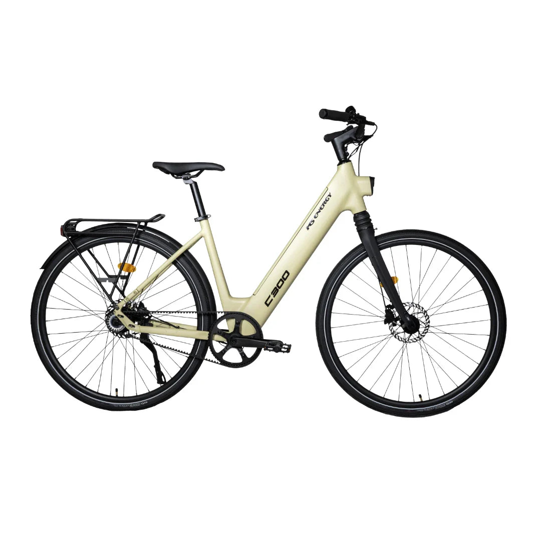 The product is an Electric Bike MS Energy C300. The image shows a bike with a light beige frame, wide tires, and a comfortable seat. It also features front and rear brakes and a luggage rack. The frame design is made for easy mounting and dismounting.