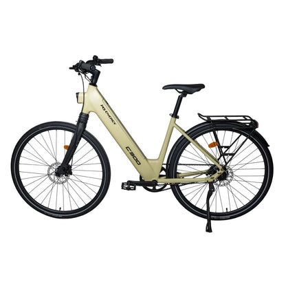 The product is an electric bike, brand MS Energy, model C300. The image shows a bike with a simple frame geometry in light green, equipped with wide wheels and disc brakes. It also has a rear luggage rack and a comfortable seat. The bike is designed for comfortable riding on urban and rural paths.