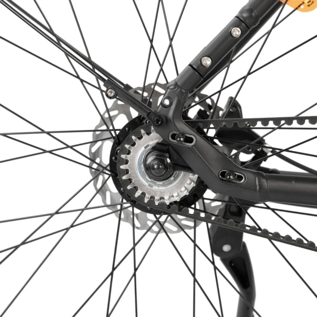 The product is an Electric bike, model MS Energy C300. The image shows part of the rear wheel, where the gears, chain, and brake disc are visible. The bike has a robust construction and is designed for efficient riding.