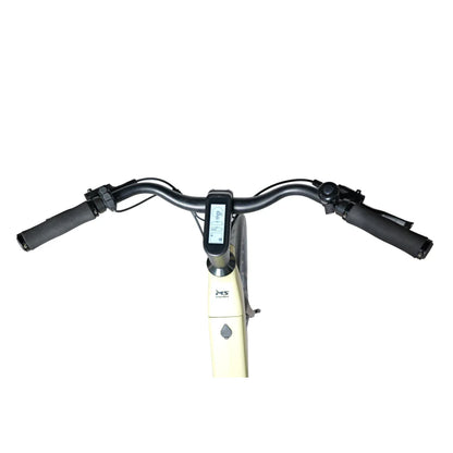 The product is an Electric bike, model MS Energy C300. The image shows the handlebars, which include a digital display for information, and rubber-coated grips for better hold. The frame color is light, giving the bike a modern look.