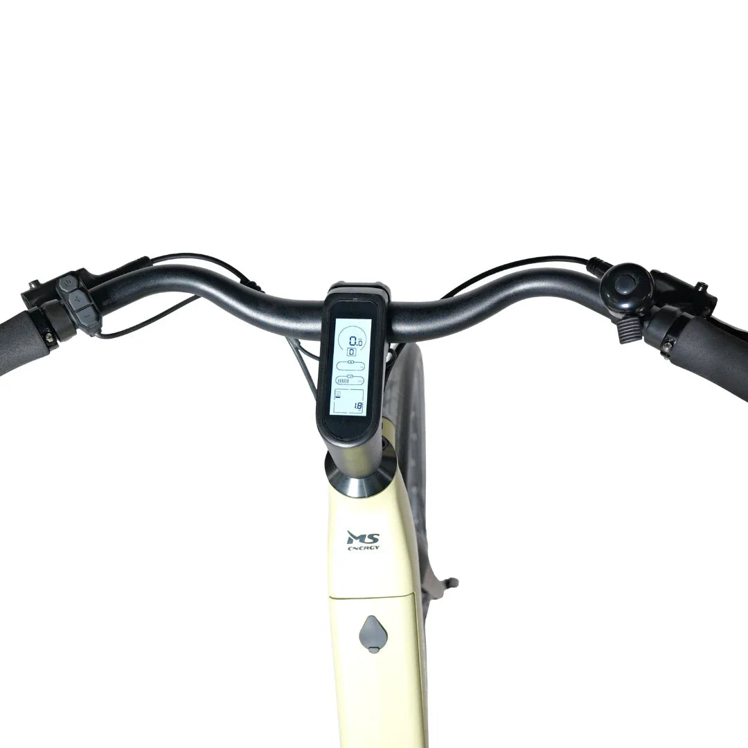 The product is an electric bike, brand MS Energy, model C300. The image shows the control panel on the handlebars, which includes a digital display with information about speed, battery level, and other data. The handlebars are equipped with ergonomic grips for a comfortable ride. The bike has a bright frame color, giving it a modern look.