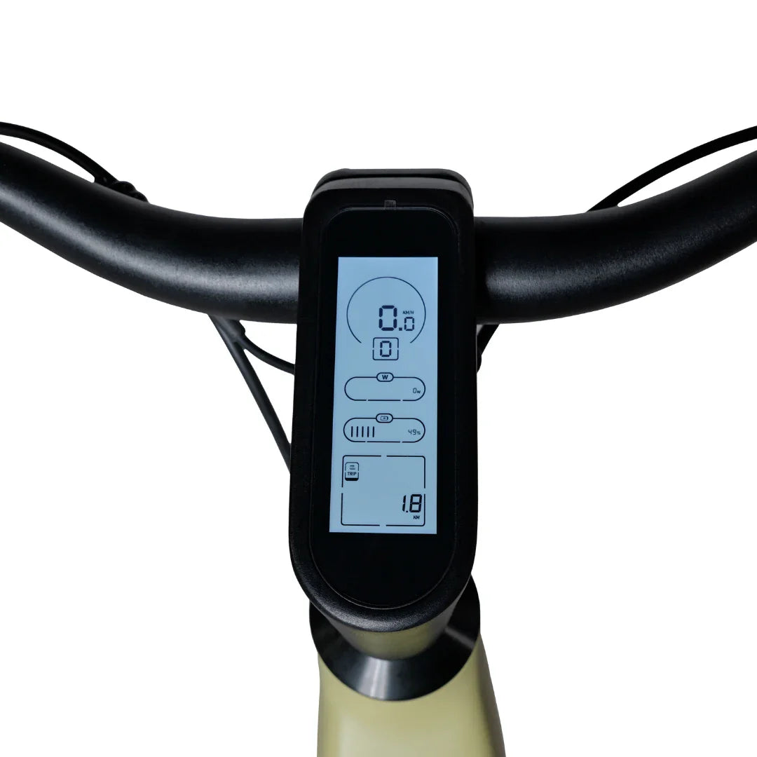 The product is an Electric bike, model MS Energy C300. The image shows the handlebar area of the bike with a digital display that shows various data such as speed, distance traveled, and battery level. The display is designed for easy reading and control of the bike's functions.