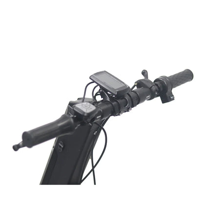 The product is an Electric Scooter, model Mijo MT01. The image shows a part of the handlebars, with grips, an information display, and various buttons and levers for control. The display likely shows speed, battery level, and other important riding data.