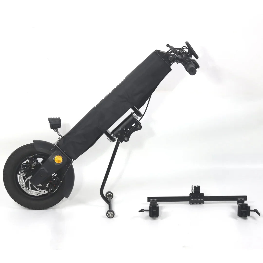 The product is an Electric Scooter, model Mijo MT01. The image shows the scooter in its folded state, surrounded by a protective cover. The rear wheels, braking system, and part of the handlebars are also visible. Next to the scooter, an additional part is displayed, likely a stand or accessory for use. The overall design is minimalistic and modern.