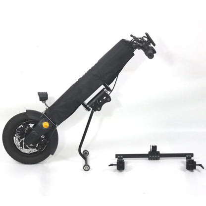 The product is an Electric Scooter, model Mijo MT01. The image shows the scooter in its folded state, surrounded by a protective cover. The rear wheels, braking system, and part of the handlebars are also visible. Next to the scooter, an additional part is displayed, likely a stand or accessory for use. The overall design is minimalistic and modern.