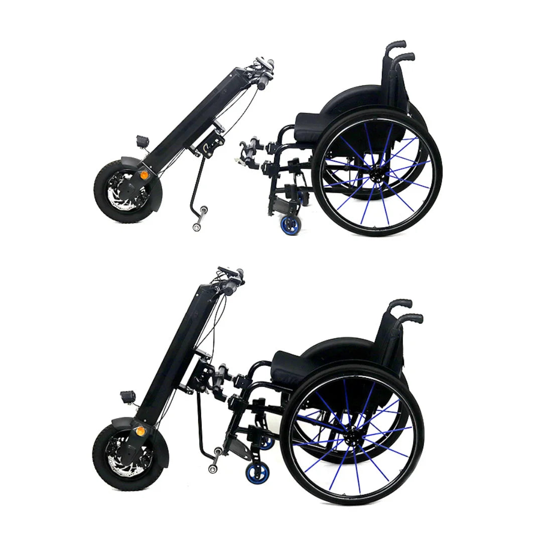 The product in the image is an electric attachment for a wheelchair, model Mijo MT01. The image shows two positions: the upper part of the attachment and the wheelchair. The attachment is designed for easy installation on the wheelchair, providing the user with greater mobility. Details such as the wheels and connection mechanism are also visible.