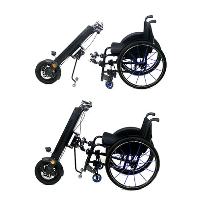 The product in the image is an electric attachment for a wheelchair, model Mijo MT01. The image shows two positions: the upper part of the attachment and the wheelchair. The attachment is designed for easy installation on the wheelchair, providing the user with greater mobility. Details such as the wheels and connection mechanism are also visible.