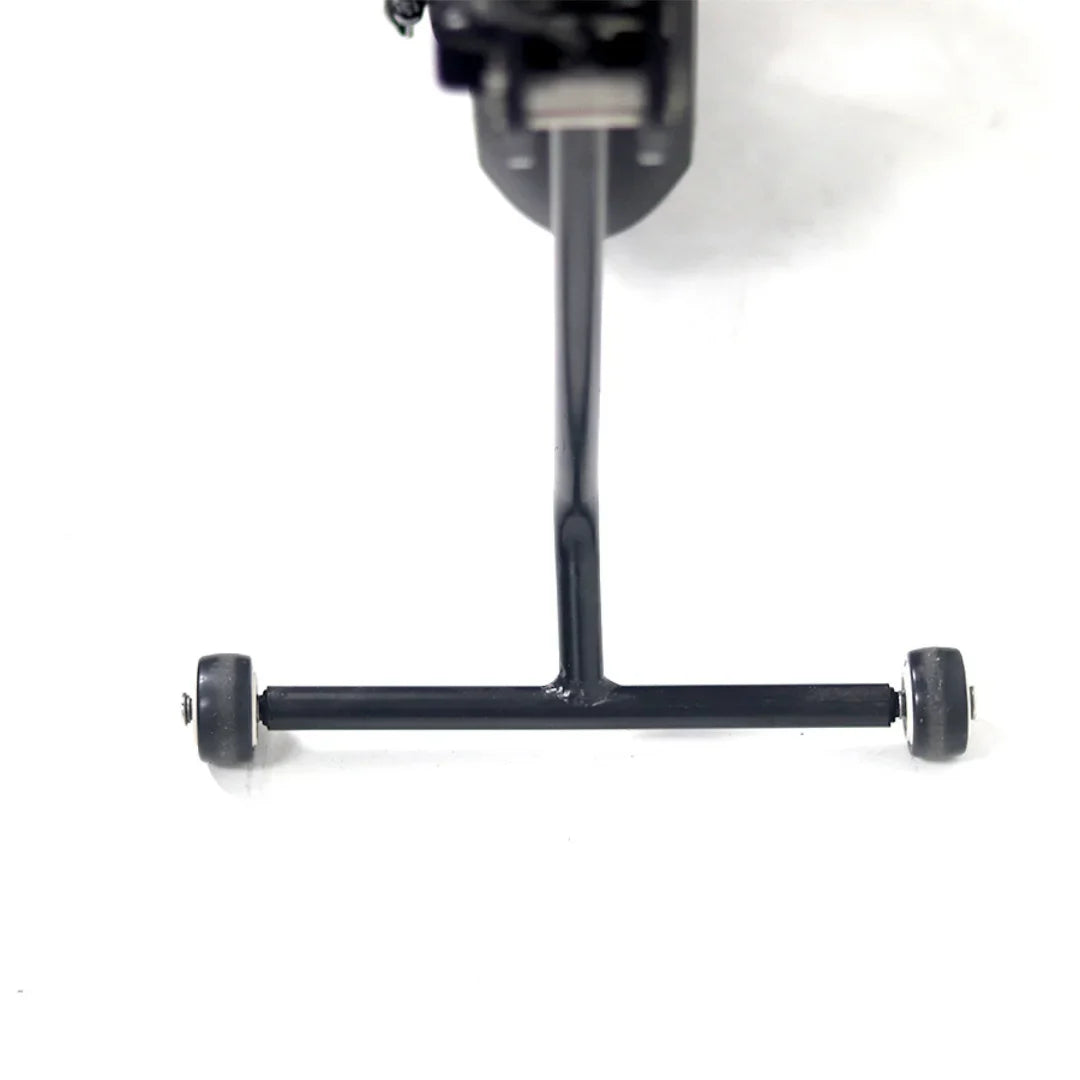 The product is an electric trailer hitch, model Mijo MT01. The image shows the underside of the hitch, which includes a black metal structure with two wheels at the ends. The wheels are small and allow for movement, indicating that the hitch is designed for easy use and transport.