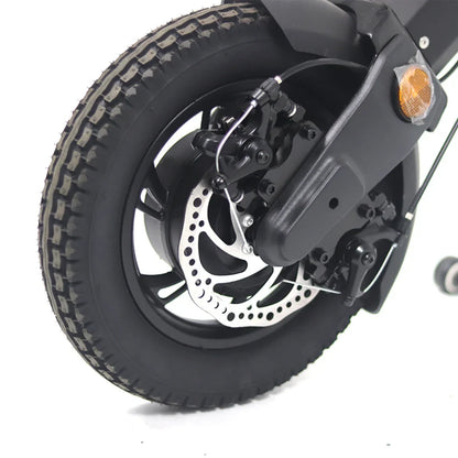 The product in the image is an electric scooter, model Mijo MT01. The rear tire, which has a robust tread, and the disc brake are visible, indicating good braking performance. The scooter also features connecting and stabilizing elements, contributing to its functionality and safety.