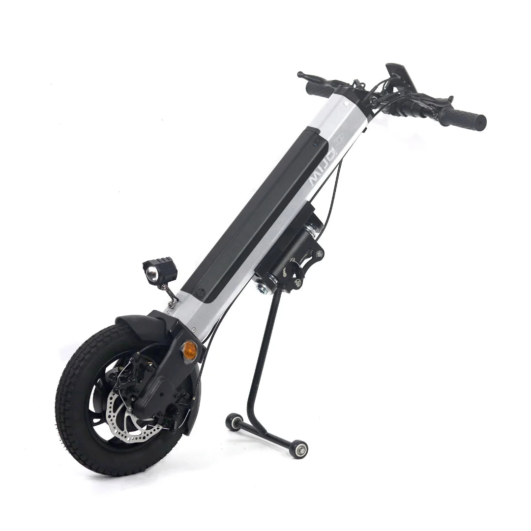 The product in the image is an electric scooter, model Mijo MT01. The image shows the scooter in an upright position, with the front wheel, handlebars, and light visible. It features a modern design with an aluminum frame and robust tires, suggesting good stability and performance.