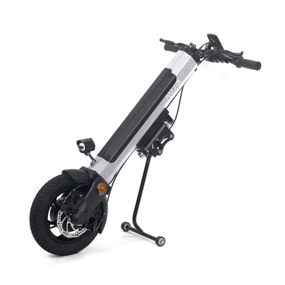 The product in the image is an electric scooter, model Mijo MT01. The image shows the scooter in an upright position, with the front wheel, handlebars, and light visible. It features a modern design with an aluminum frame and robust tires, suggesting good stability and performance.