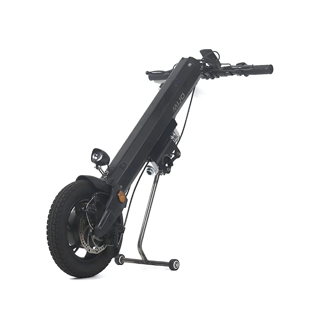 The product pictured is the Electric Scooter Mijo, model MT01. The image shows the scooter in an upright position, with the front wheel, brakes, and lights visible. It features a compact and minimalist design, making it easy to store and transport.