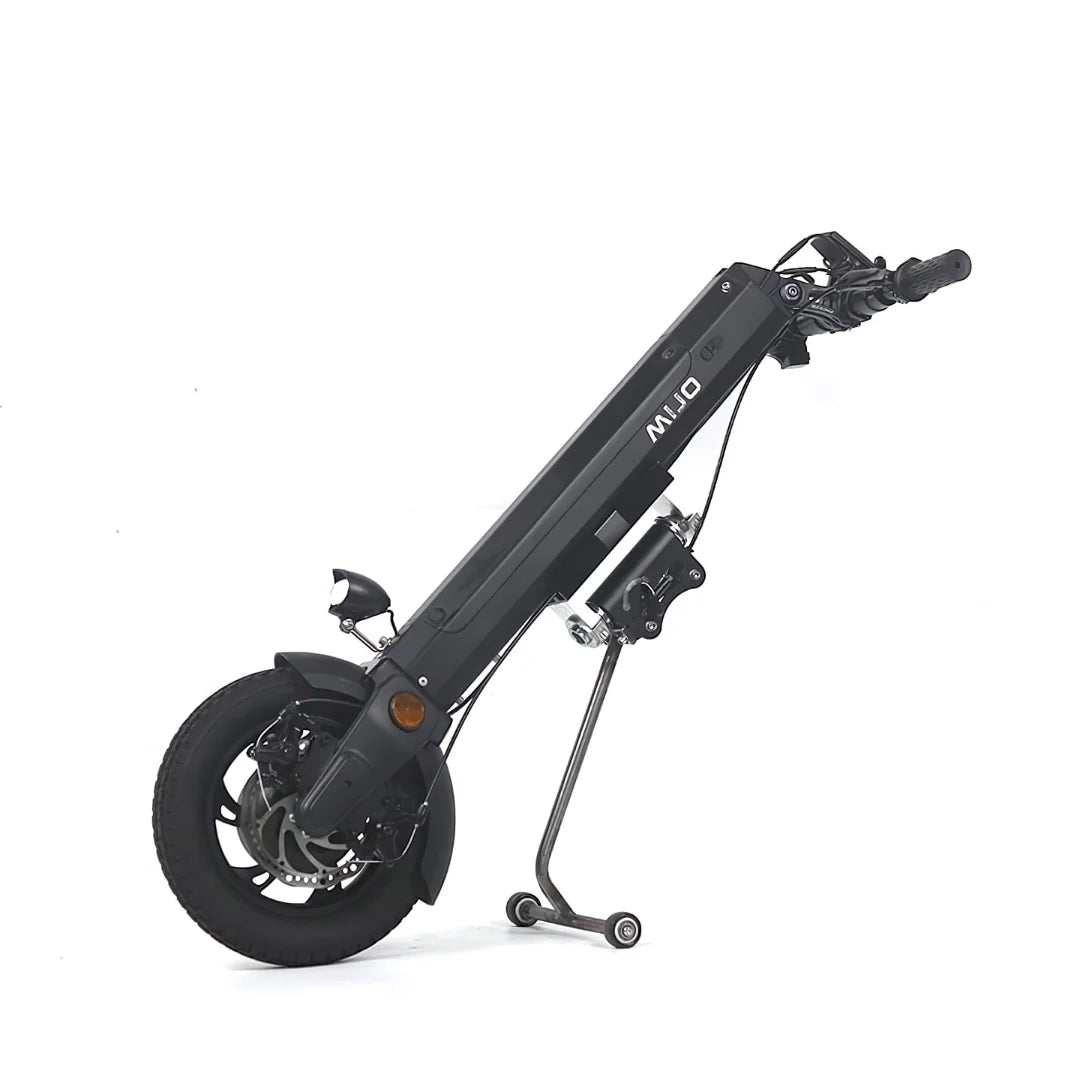 The product shown in the picture is an Electric Scooter, model Mijo MT01. The image displays the scooter in an upright position, with a visible black frame, front wheel, and brakes. The scooter also features a kickstand for stability and a headlight, indicating its functionality and safety.
