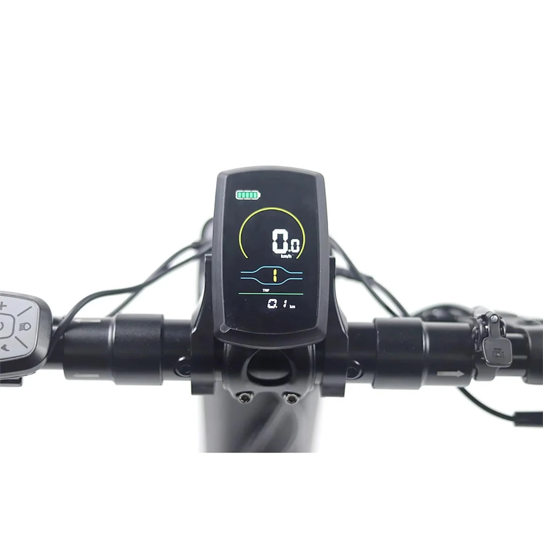 The product is an Electric Scooter, Mijo brand, model MT01. The image displays the control panel, which includes a digital screen with information on speed, distance, and battery level. Handles and part of the handlebars are also visible, suggesting an ergonomic design for comfortable riding.