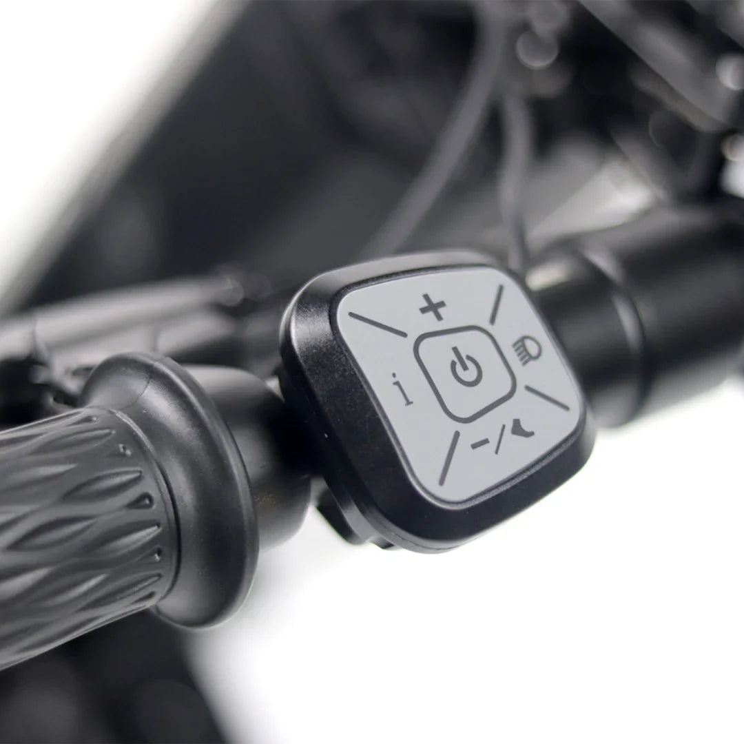 The product is an Electric Scooter, model Mijo MT01. The image shows part of the handlebars, where control buttons are visible, including the power switch and speed adjustment. The buttons are designed for easy use while riding.