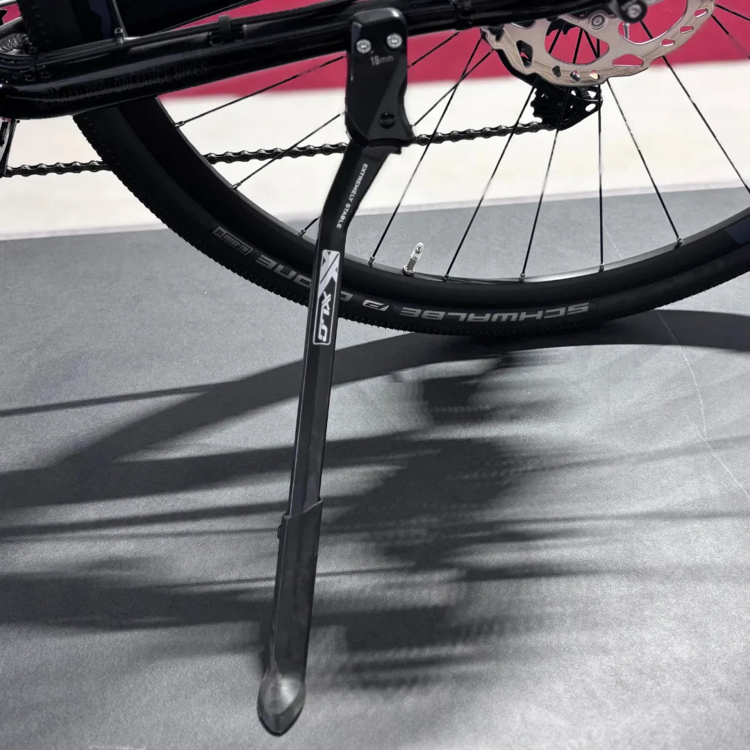 The product pictured is an Electric Bike, brand Raymon, model GravelRay E 7.0. The image shows the bike's kickstand attached to the frame, and a part of the wheel with a tire marked Schwalbe. The bike is designed for gravel riding, meaning it is suitable for various terrains.