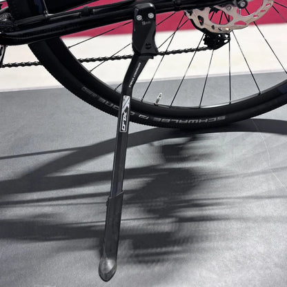 The product pictured is an Electric Bike, brand Raymon, model GravelRay E 7.0. The image shows the bike's kickstand attached to the frame, and a part of the wheel with a tire marked Schwalbe. The bike is designed for gravel riding, meaning it is suitable for various terrains.