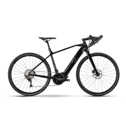 The product is an Electric Bike, brand Raymon, model GravelRay E 7.0. The image shows a sleek black bike with an aerodynamic design, equipped with a disc brake system and wide tires, enabling riding on various terrains. The bike features sporty handlebars and a modern gear system, indicating its performance and comfort during rides.