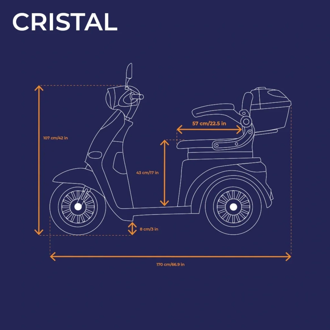 The product is an Electric motorcycle, brand Veleco, model Cristal. The image shows a technical drawing of the scooter with dimensions, including height, width, and length. The scooter has three wheels and storage space, indicating a comfortable ride.