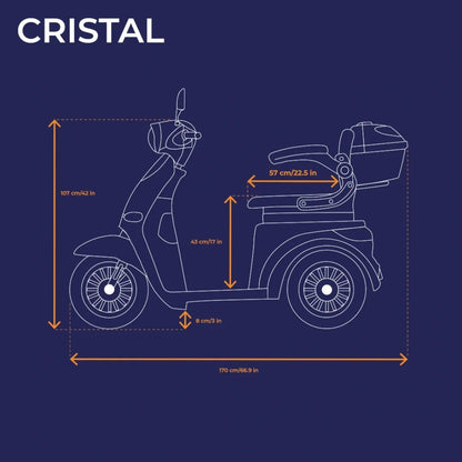 The product is an Electric motorcycle, brand Veleco, model Cristal. The image shows a technical drawing of the scooter with dimensions, including height, width, and length. The scooter has three wheels and storage space, indicating a comfortable ride.