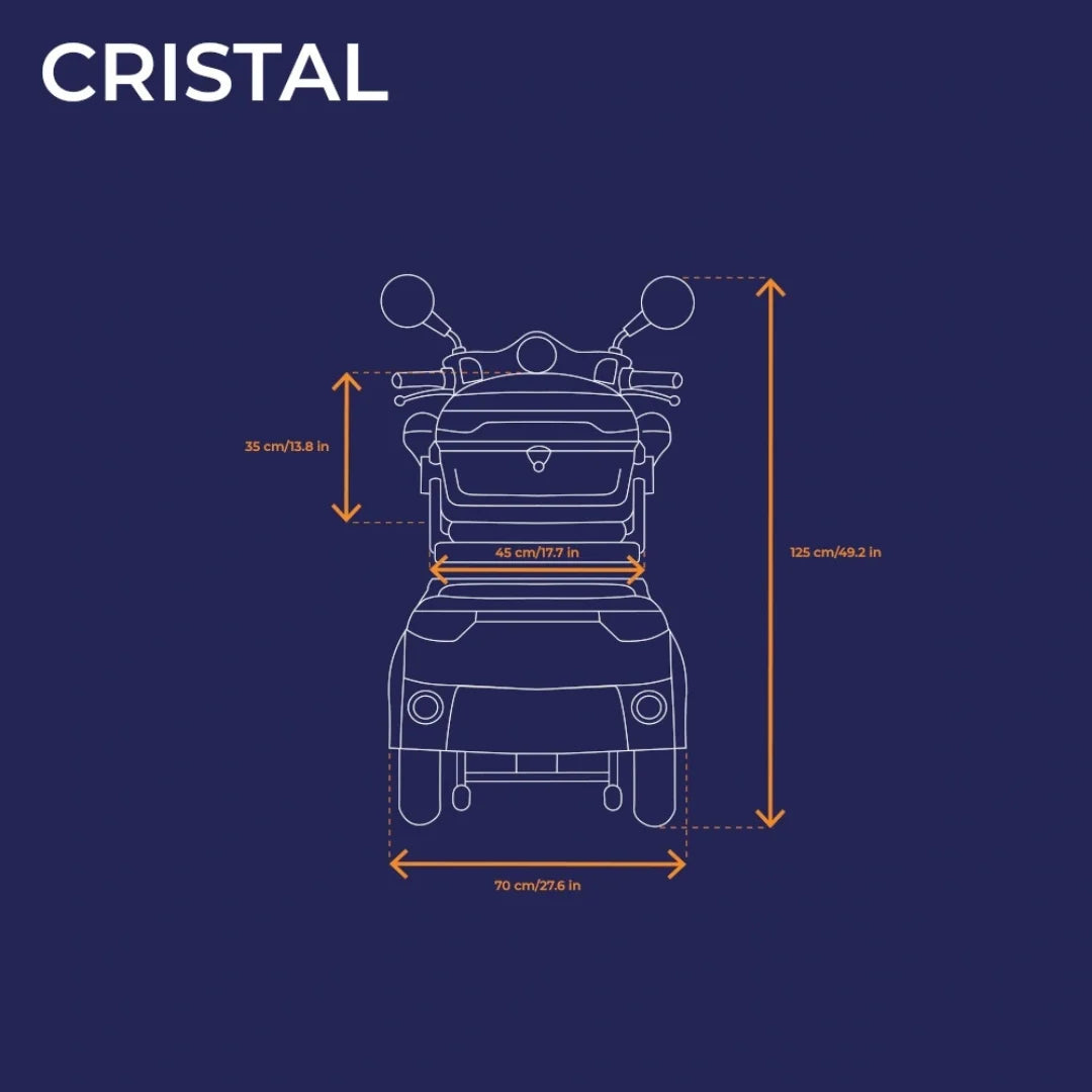 The product is an Electric motorcycle, brand Veleco, model Cristal. The image shows a plan of the scooter with detailed dimensions, including height, width, and length. The dimension labels are clearly visible and allow for easy understanding of the vehicle's size.