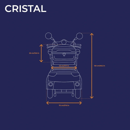 The product is an Electric motorcycle, brand Veleco, model Cristal. The image shows a plan of the scooter with detailed dimensions, including height, width, and length. The dimension labels are clearly visible and allow for easy understanding of the vehicle's size.