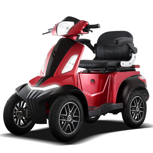 The product is an Electric Mobility Scooter, brand Vigorous, model Vista Q1. The image shows a red four-wheeled scooter equipped with a wide seat and backrest. It features a modern design with front LED lights and sporty wheels, giving it a dynamic appearance. The scooter is designed for comfortable riding and easy handling.