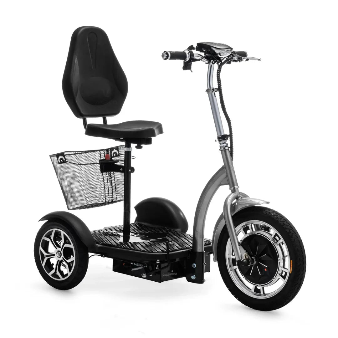 The product is an Electric Mobility Scooter, model Veleco ZT16. The image shows the scooter with a wide footboard, a comfortable seat, and handlebars for control. It has three wheels for stability and a mesh basket for storage. The design is modern and practical for urban use.