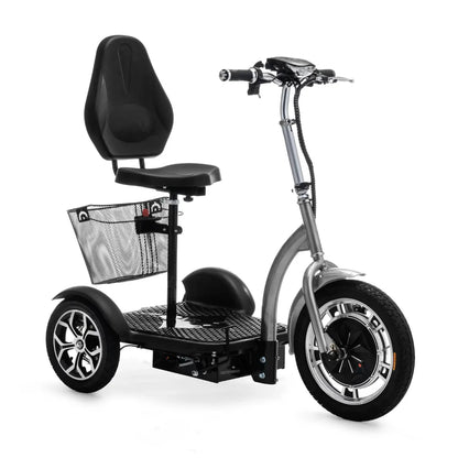 The product is an Electric Mobility Scooter, model Veleco ZT16. The image shows the scooter with a wide footboard, a comfortable seat, and handlebars for control. It has three wheels for stability and a mesh basket for storage. The design is modern and practical for urban use.